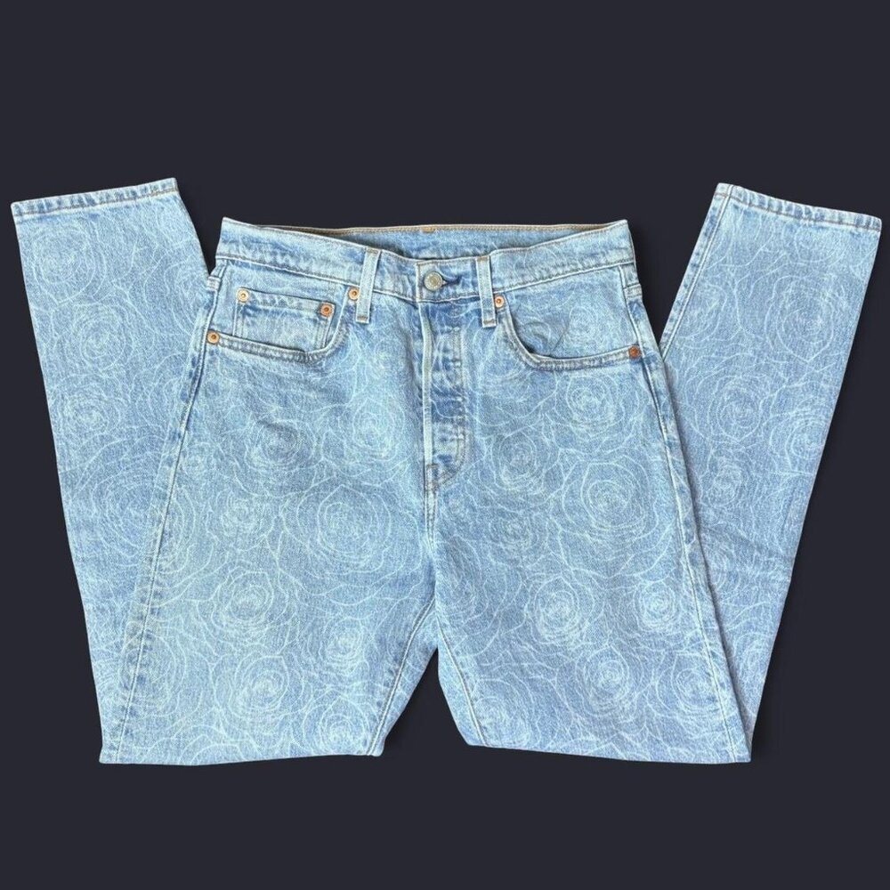 Levi's 501 skinny floral rose print blue cropped jeans 27"x28" water-less denim